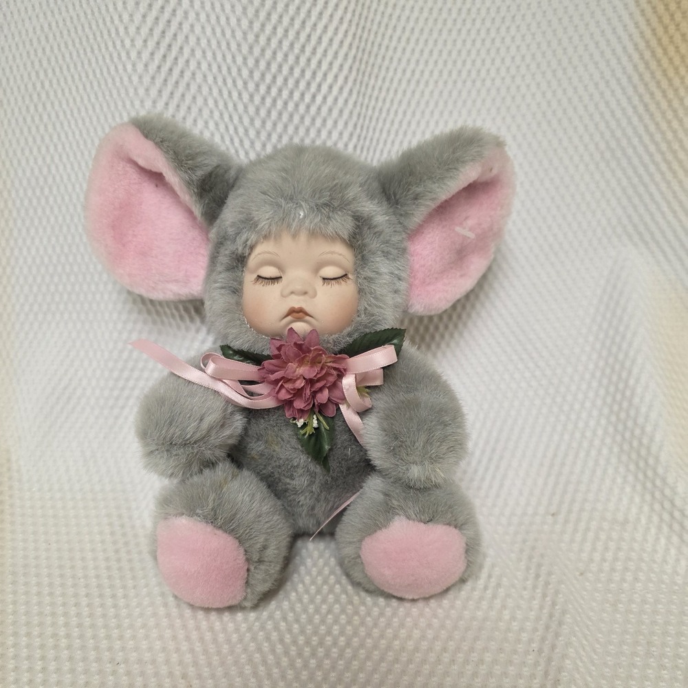 Vintage Baby Face Mouse Plush Doll  Porcelain Face 8" sitting
